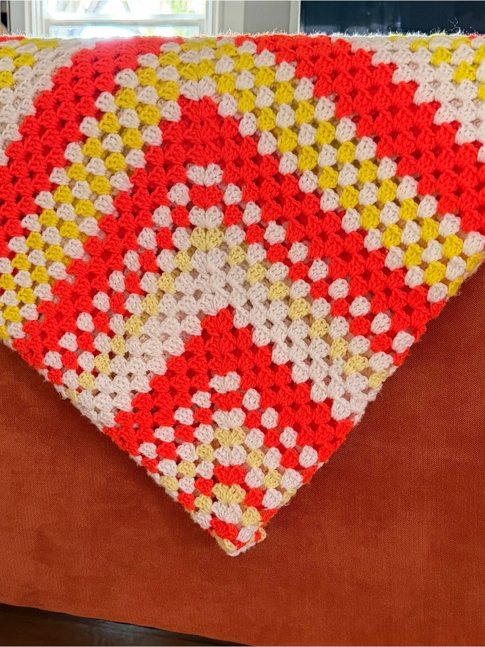 Vintage 70s Crochet Granny Square Blanket Throw Orange Yellow White 56” x 56”